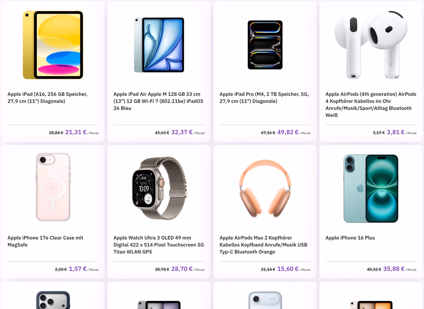 Produktübersicht im meinMPP-Shop mit iPads, AirPods, iPhones und Apple Watch samt monatlicher Rate und Ersparnis pro Gerät.