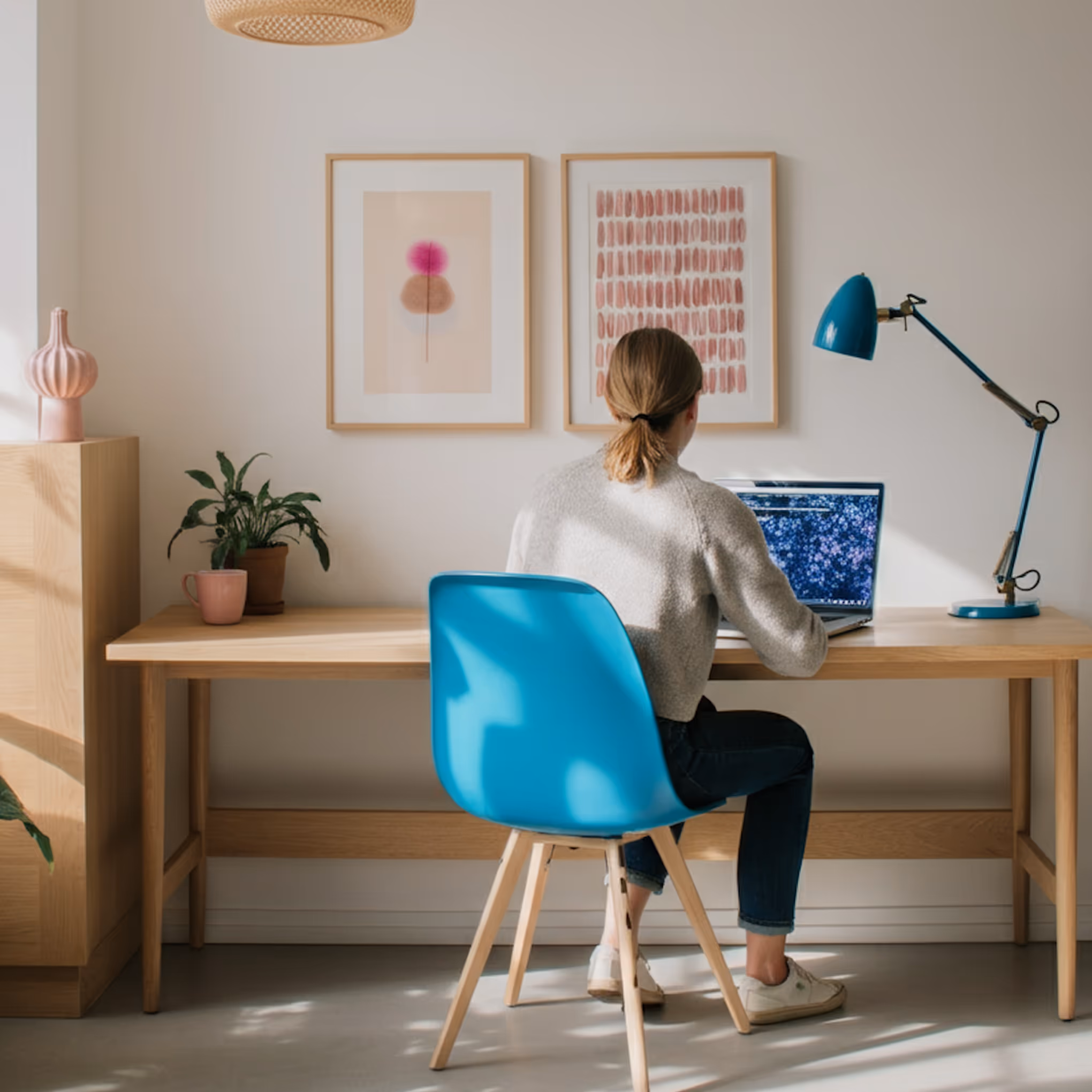 Frau sitzt an einem Holzschreibtisch im Homeoffice und arbeitet am Laptop, umgeben von Zimmerpflanze, blauer Schreibtischlampe und Wandbildern.