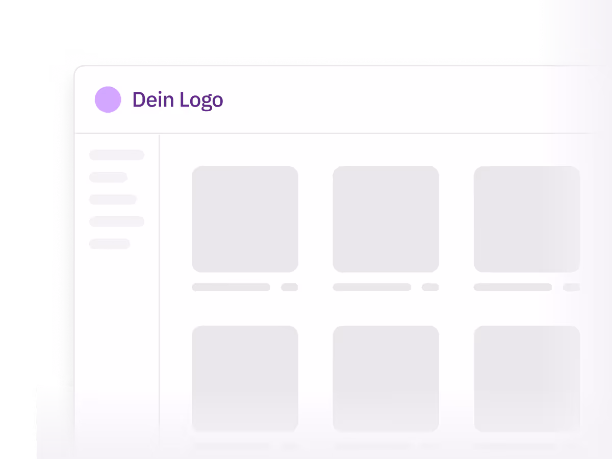 Webseite mit einem Navigationsmenü links und Rasterlayout mit Platzhaltern für Inhalte und oberem Abschnitt mit lila Punkt und Text "Dein Logo".