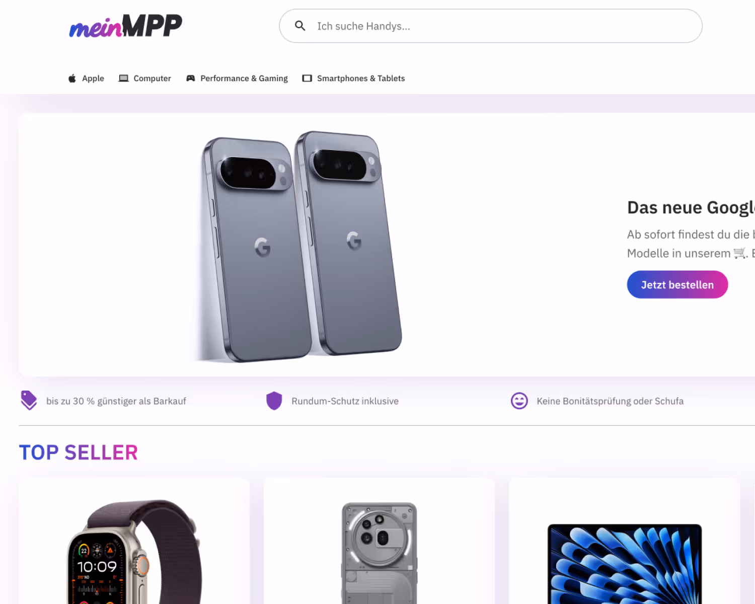 Webshop-Startseite mit Google Pixel Smartphones, Suchleiste, Kategorien und Top-Seller-Produkten.