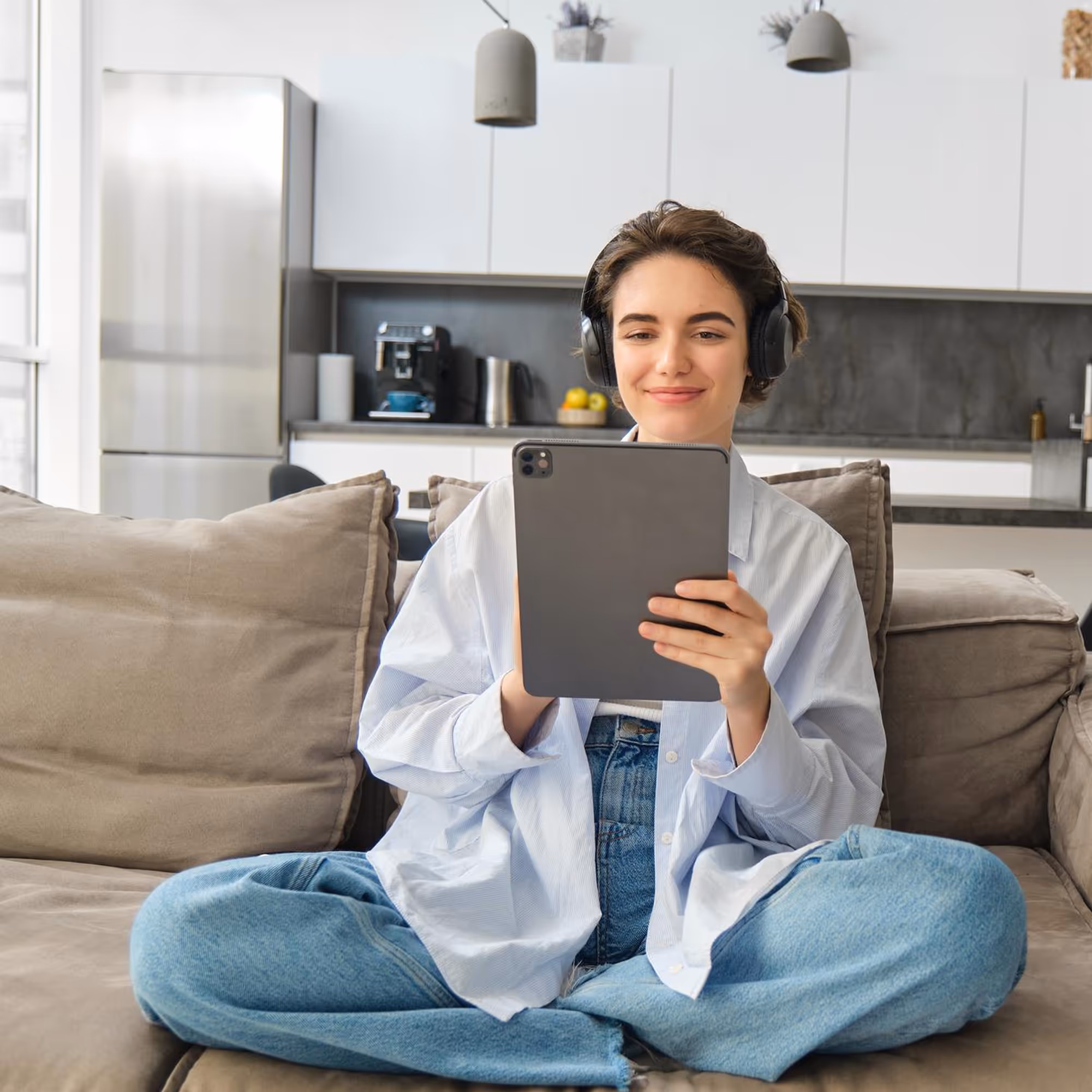 Junge Frau sitzt entspannt im Schneidersitz auf einem Sofa, trägt Kopfhörer und schaut auf ein Tablet.